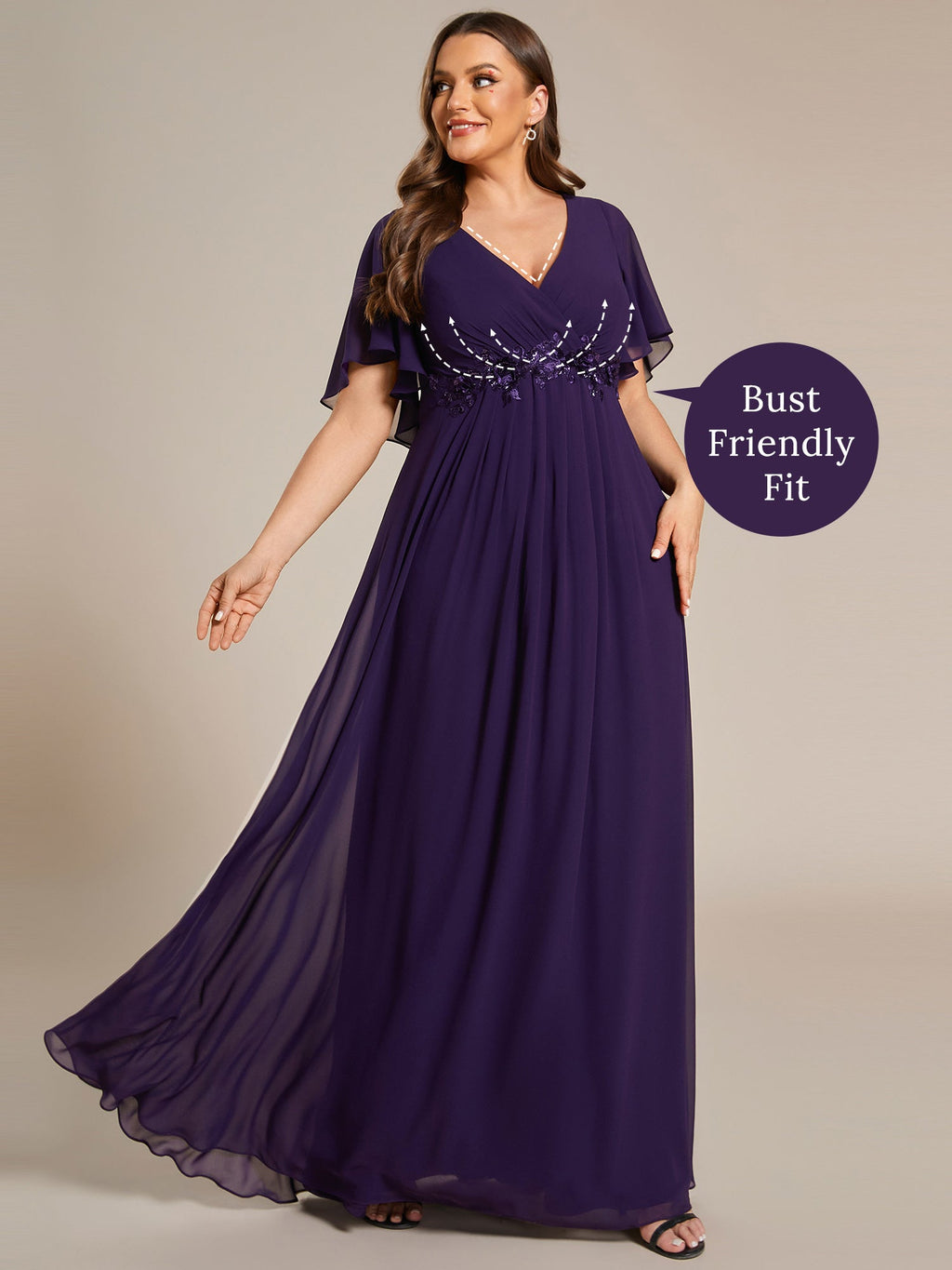 pretty IVYROSE|Plus Size Floral Applique Short Sleeve A-Line Chiffon Formal Evening Dress