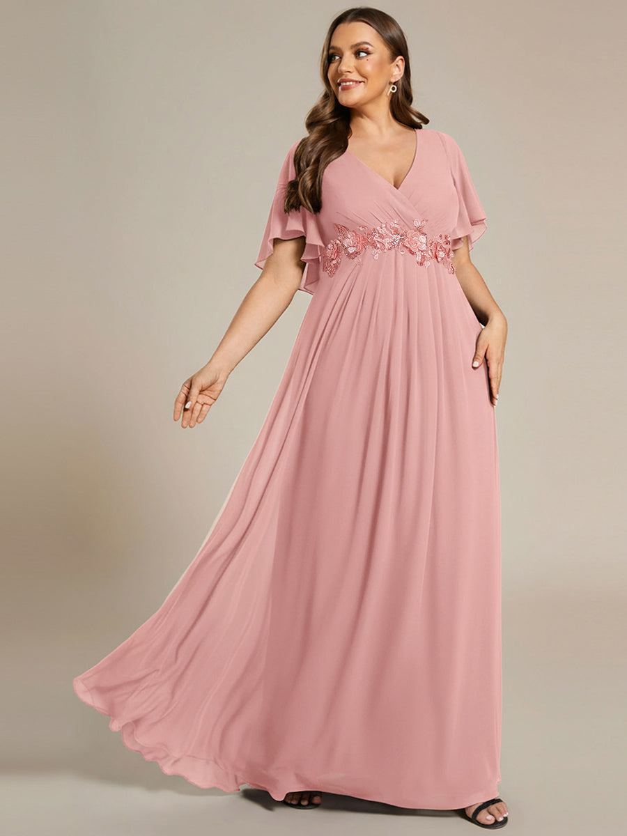 pretty IVYROSE|Plus Size Floral Applique Short Sleeve A-Line Chiffon Formal Evening Dress