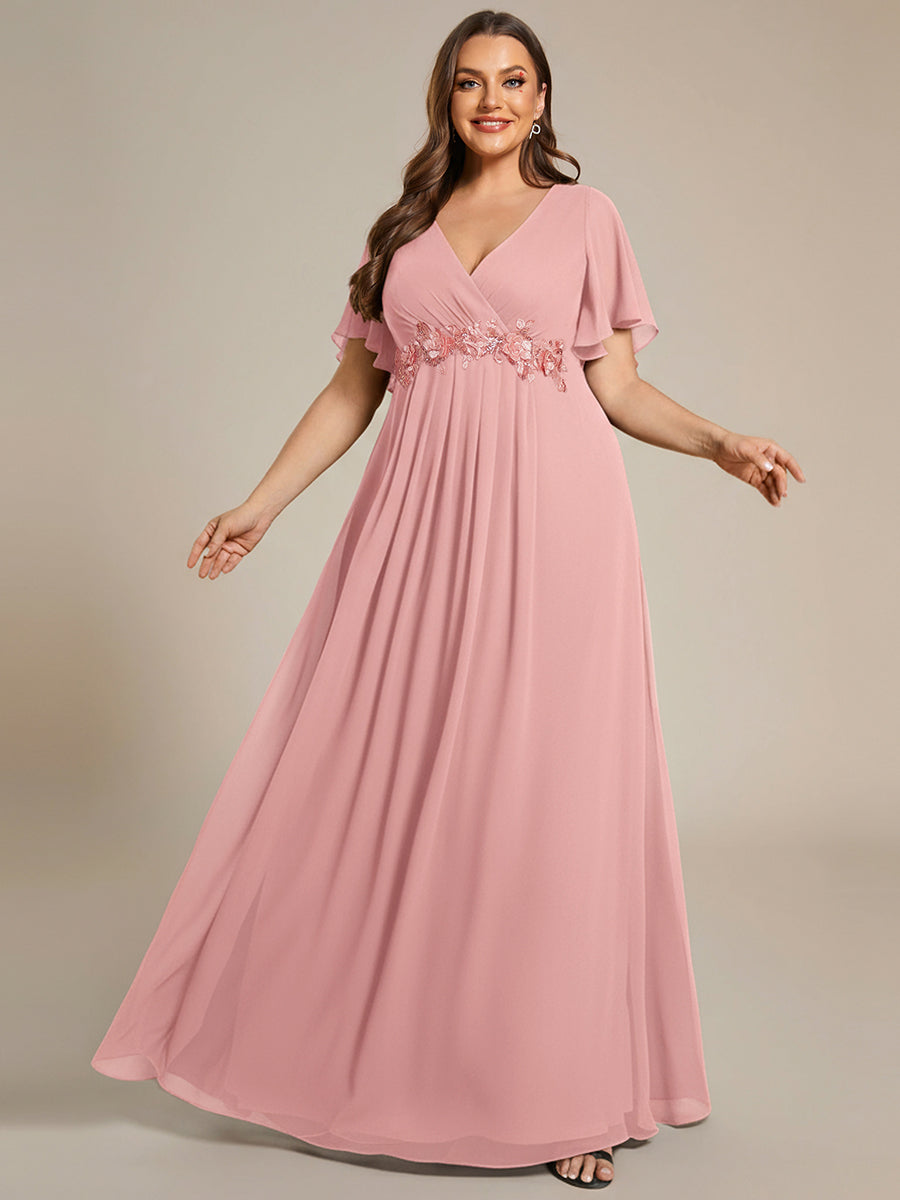 pretty IVYROSE|Plus Size Floral Applique Short Sleeve A-Line Chiffon Formal Evening Dress