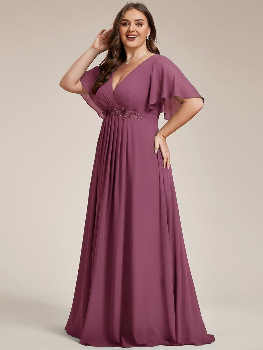 pretty IVYROSE|Plus Size Floral Applique Short Sleeve A-Line Chiffon Formal Evening Dress
