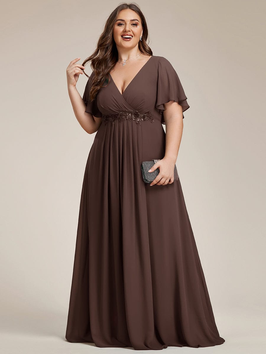 pretty IVYROSE|Plus Size Floral Applique Short Sleeve A-Line Chiffon Formal Evening Dress
