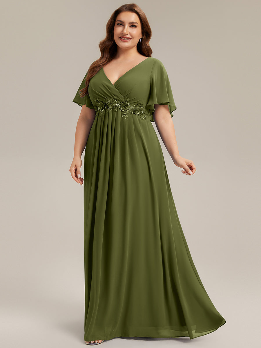 pretty IVYROSE|Plus Size Floral Applique Short Sleeve A-Line Chiffon Formal Evening Dress