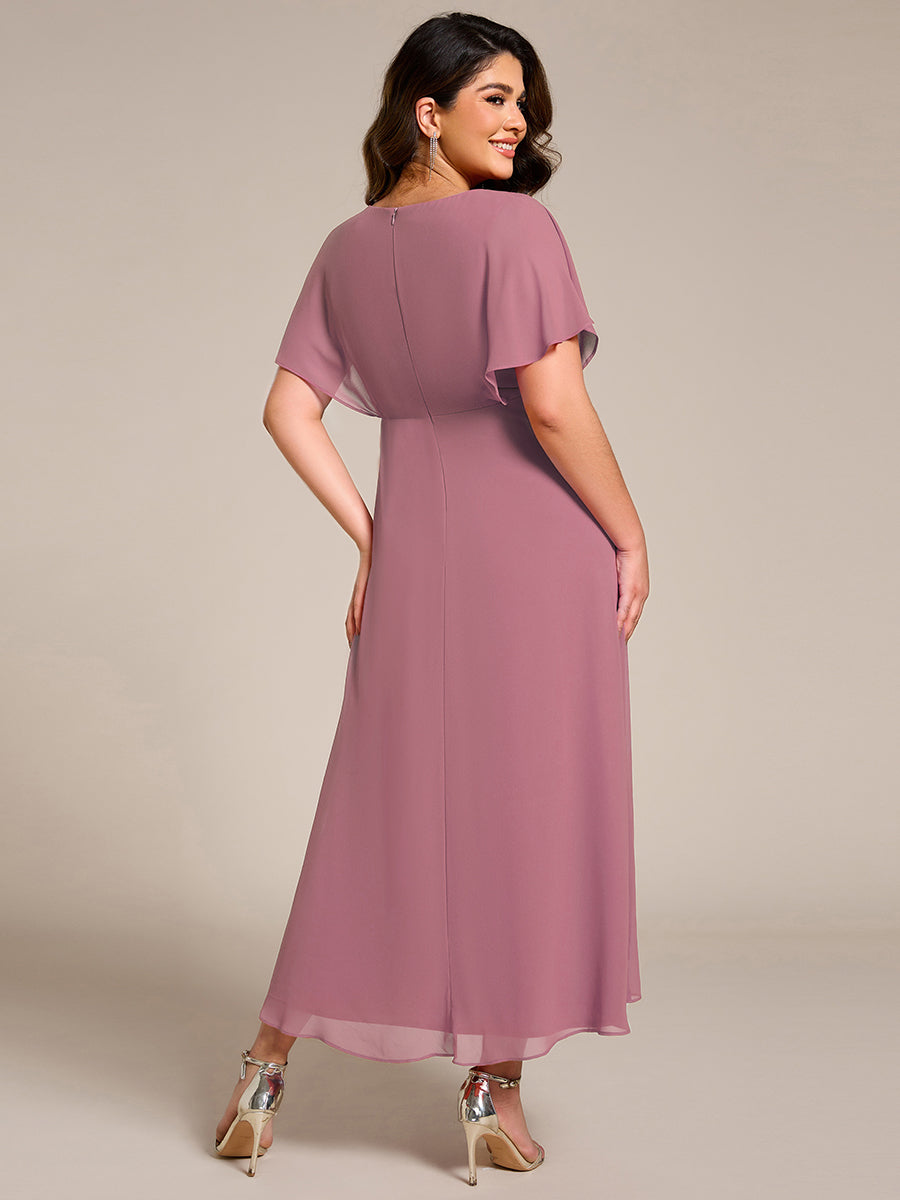 pretty LILAS|Plus Size Chiffon Midi A-Line Ruffle Sleeves Bridesmaid Dress