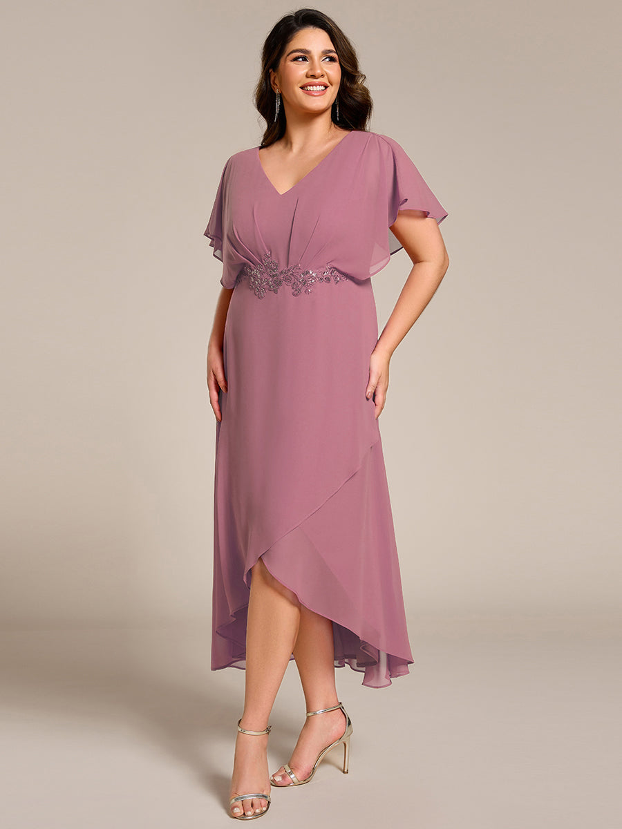 pretty LILAS|Plus Size V-Neck Chiffon Bat-Wing Sleeve A-Line Waist Applique Formal Dress