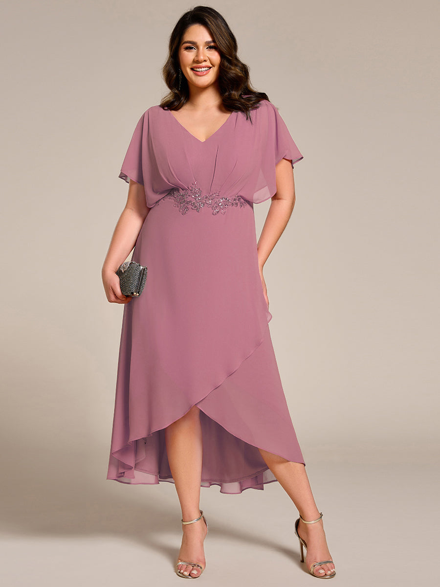 pretty LILAS|Plus Size Chiffon Midi A-Line Ruffle Sleeves Bridesmaid Dress