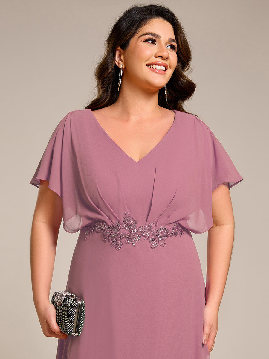 pretty LILAS|Plus Size Chiffon Midi A-Line Ruffle Sleeves Bridesmaid Dress