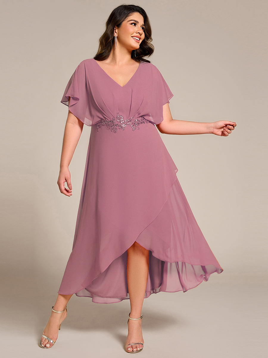 pretty LILAS|Plus Size Chiffon Midi A-Line Ruffle Sleeves Bridesmaid Dress