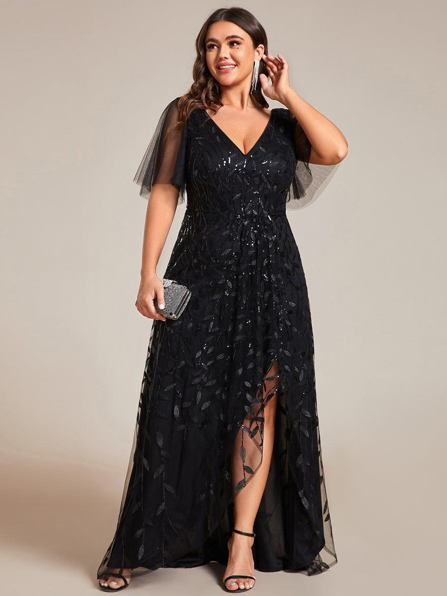 pretty ALIX|Plus Size Short Sleeves Sequin High Low V-Neck Midi Formal Evening Dress