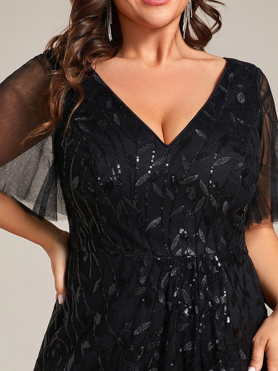 pretty ALIX|Plus Size Short Sleeves Sequin High Low V-Neck Midi Formal Evening Dress