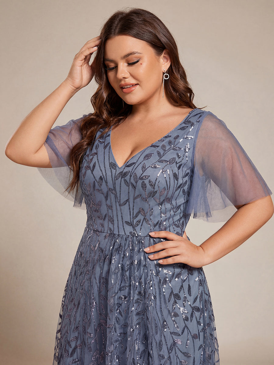 pretty ALIX|Plus Size Short Sleeves Sequin High Low V-Neck Midi Formal Evening Dress