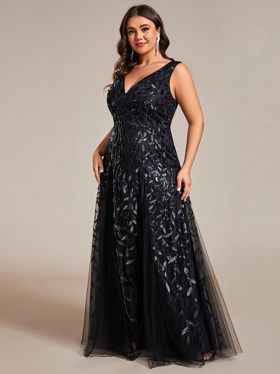 pretty ZOEY|Plus Size Sparkling Sleeveless Leaf Sequin A-Line Formal Evening Dress