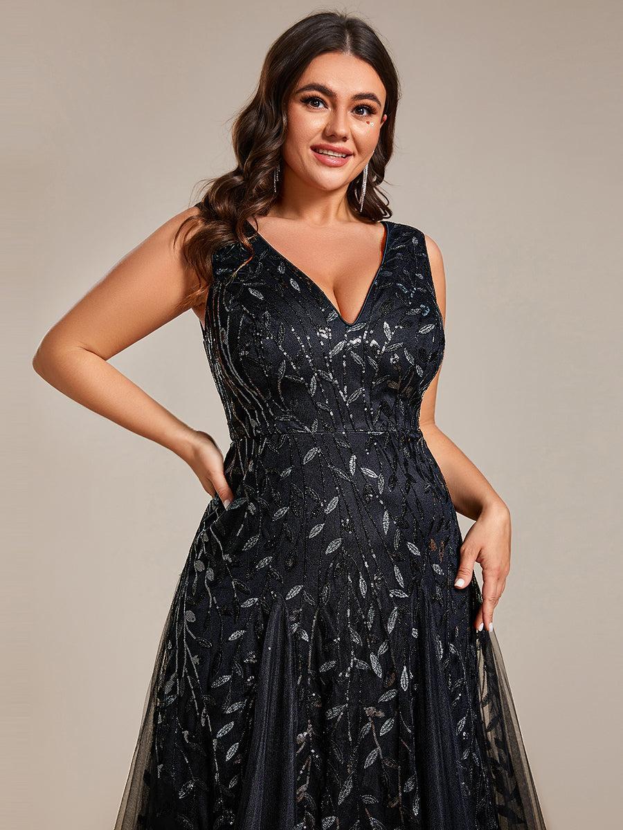 pretty ZOEY|Plus Size Sparkling Sleeveless Leaf Sequin A-Line Formal Evening Dress