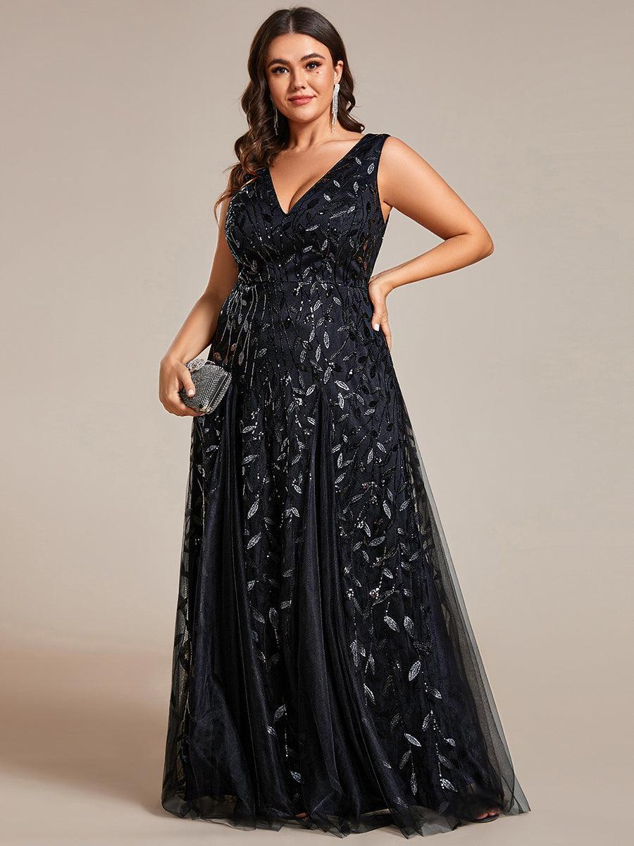 pretty ZOEY|Plus Size Sparkling Sleeveless Leaf Sequin A-Line Formal Evening Dress