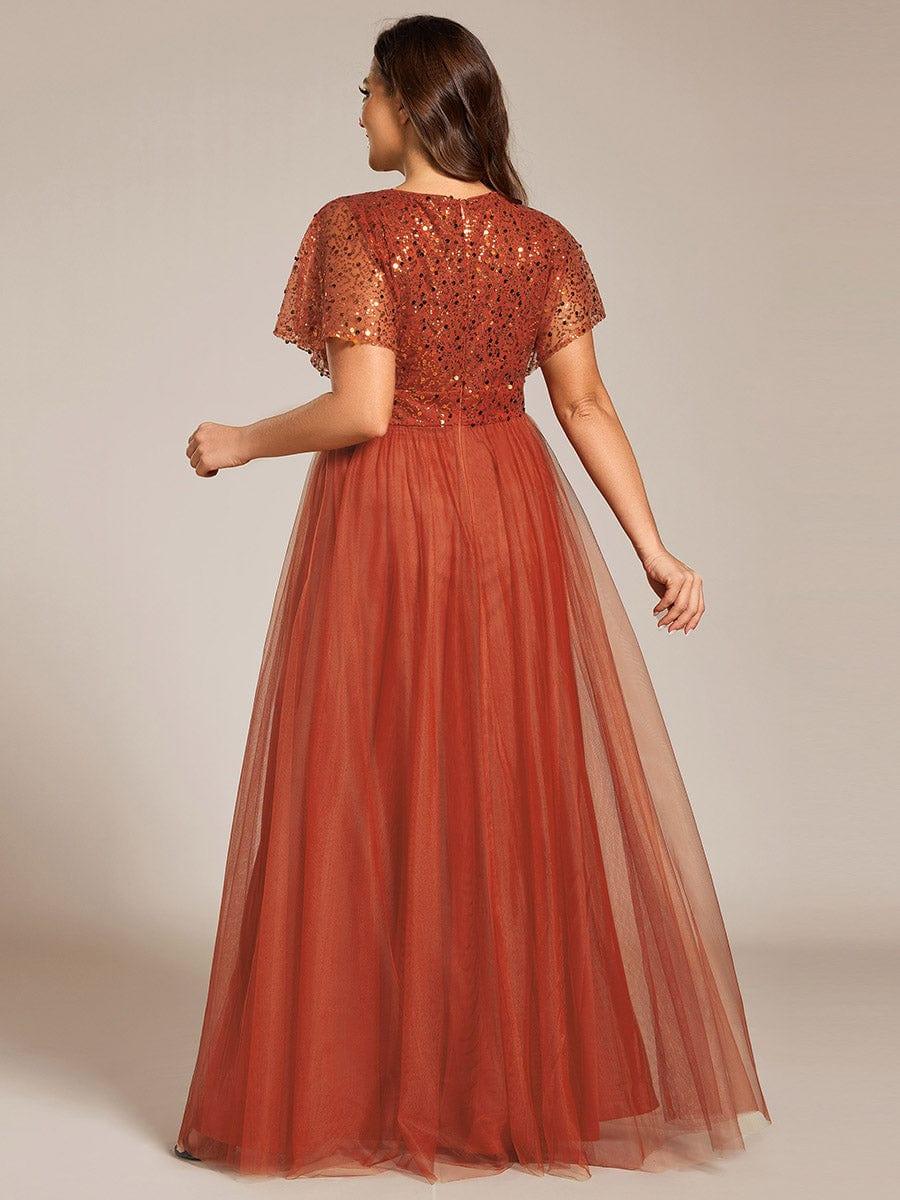 pretty NAVEYA|Plus Size Short Sleeves Sequin V-Neck Formal Evening Dress with Tulle