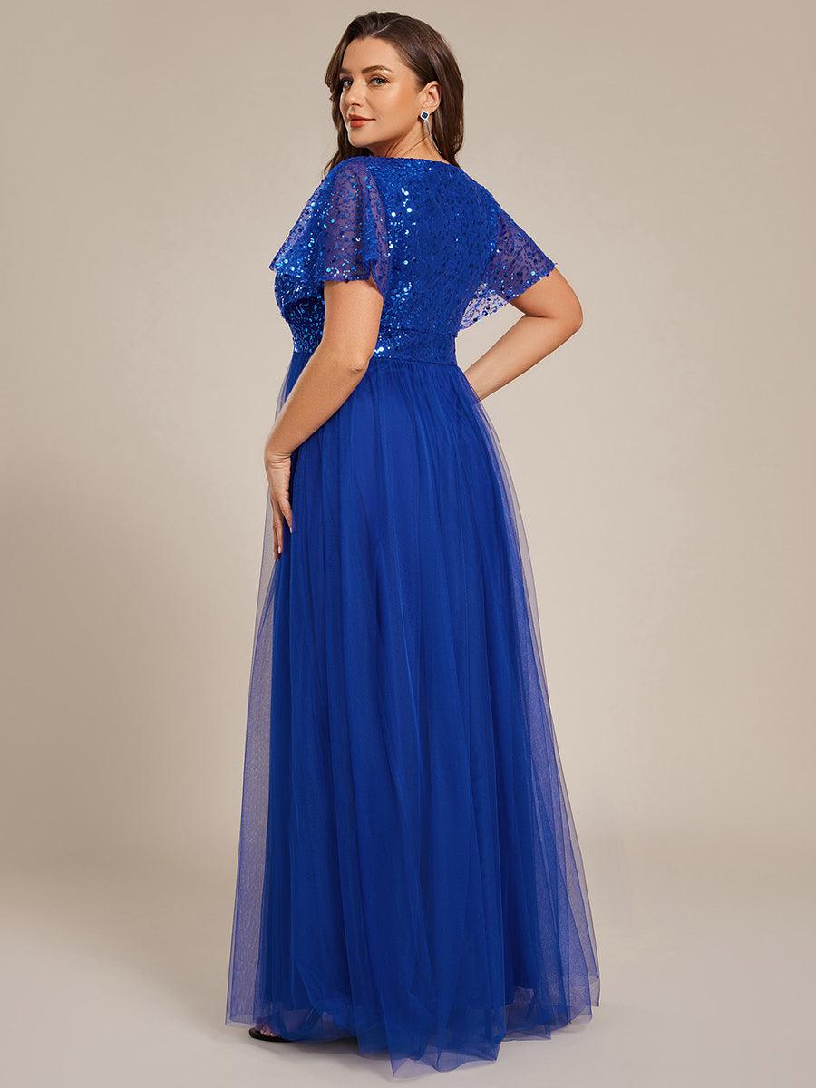 pretty NAVEYA|Plus Size Short Sleeves Sequin V-Neck Formal Evening Dress with Tulle