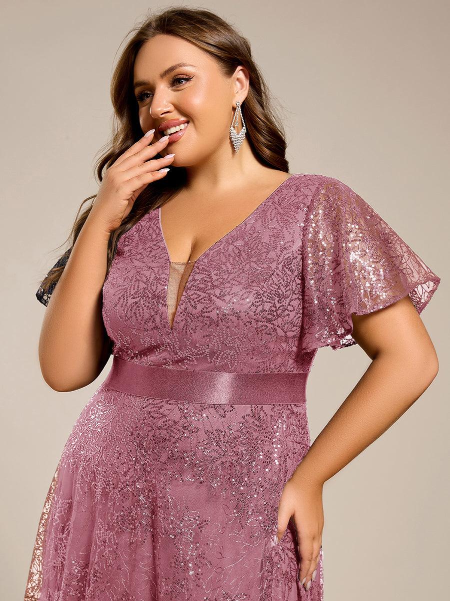 pretty CORY|Plus Size Illusion Sequin V-neck Short Sleeve Maxi Formal Dress