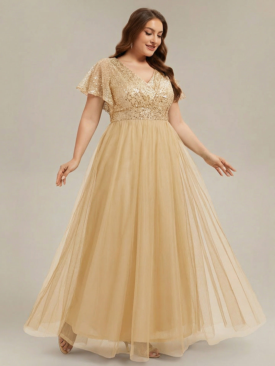 pretty NAVEYA|Plus Size Short Sleeves Sequin V-Neck Formal Evening Dress with Tulle