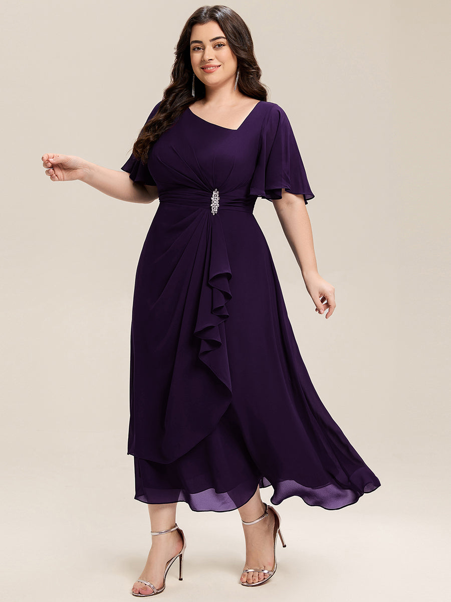 pretty LILOU| Plus Size Pleated Chiffon Ruffle Sleeve Wedding Guest Dress