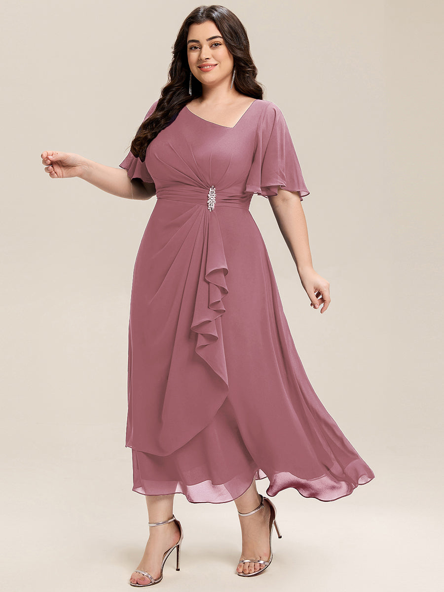 pretty LILOU| Plus Size Pleated Chiffon Ruffle Sleeve Wedding Guest Dress