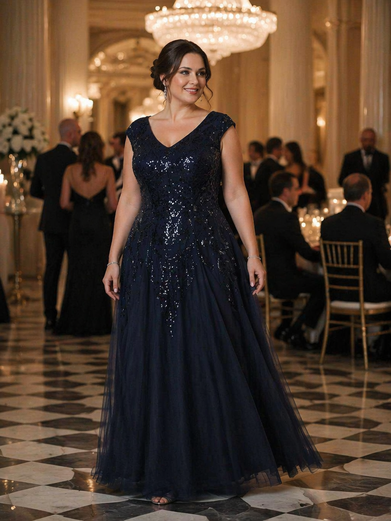 pretty FREYA|Plus Size V-Neck Sequin High Stretch Cap Sleeve Tulle Formal Dress