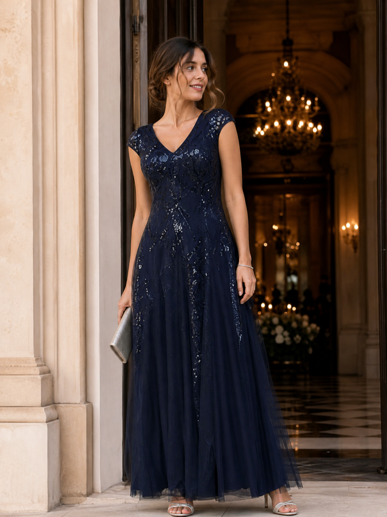 pretty FREYA|Plus Size V-Neck Sequin High Stretch Cap Sleeve Tulle Formal Dress