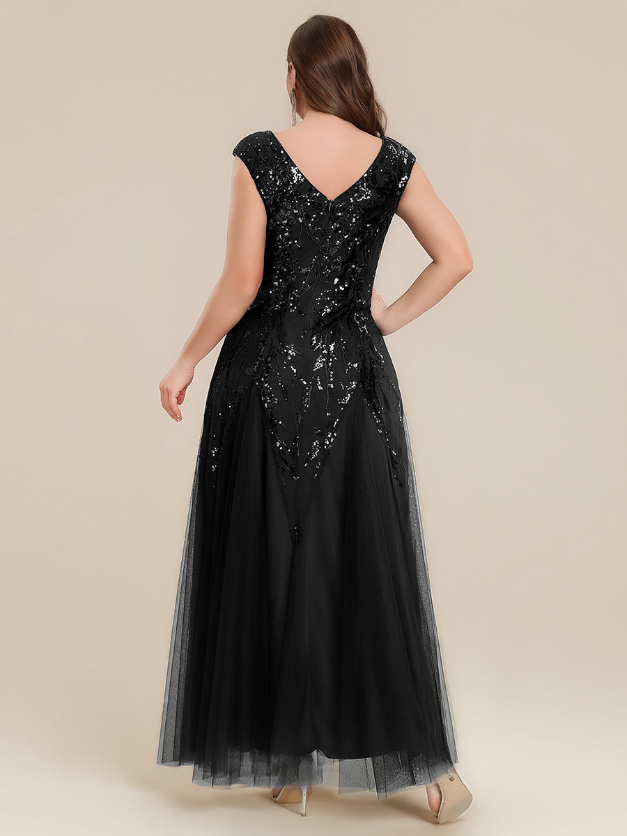 pretty FREYA|Plus Size V-Neck Sequin High Stretch Cap Sleeve Tulle Formal Dress