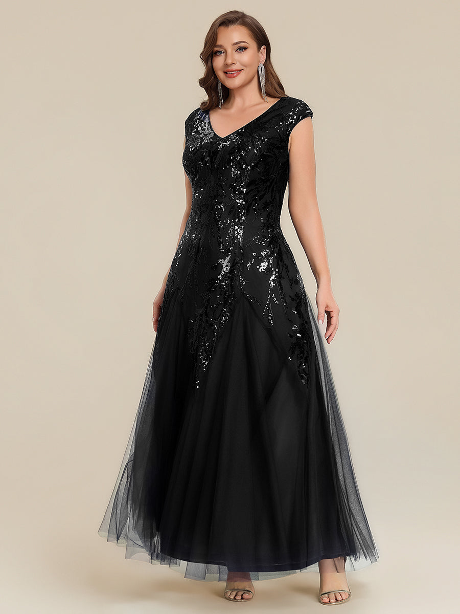 pretty FREYA|Plus Size V-Neck Sequin High Stretch Cap Sleeve Tulle Formal Dress