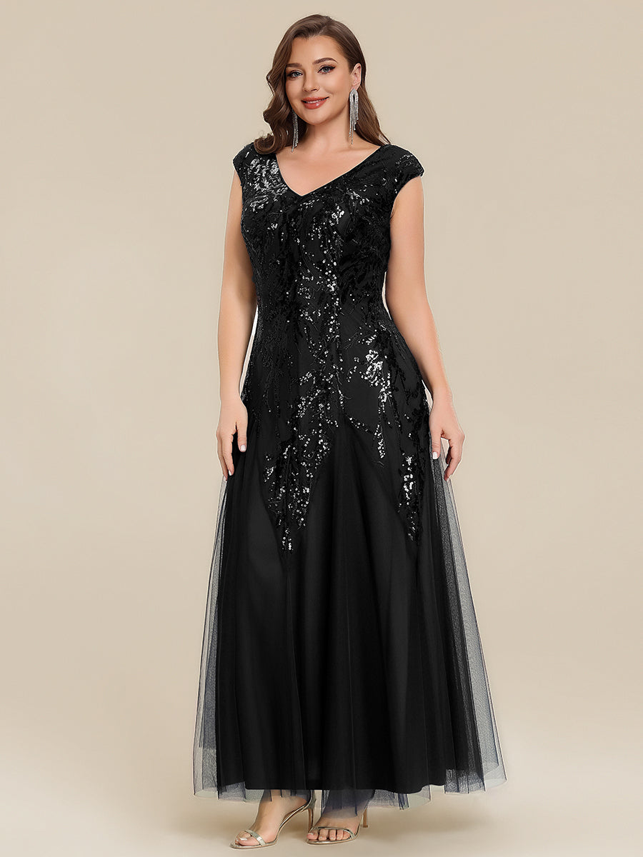 pretty FREYA|Plus Size V-Neck Sequin High Stretch Cap Sleeve Tulle Formal Dress