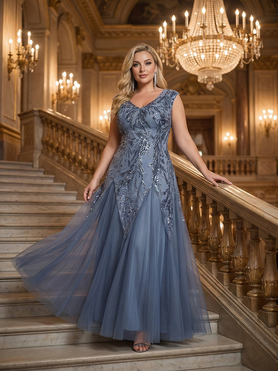 pretty FREYA|Plus Size V-Neck Sequin High Stretch Cap Sleeve Tulle Formal Dress