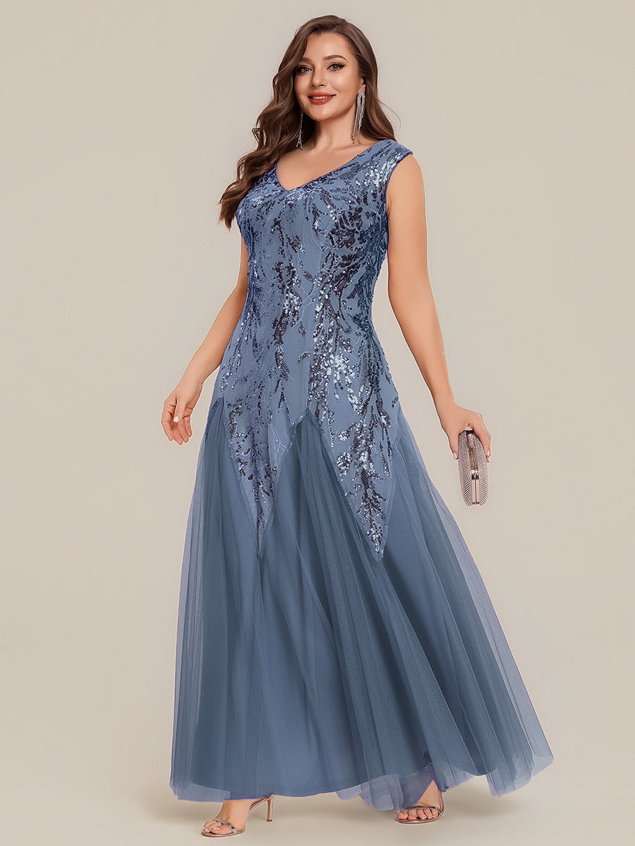 pretty FREYA|Plus Size V-Neck Sequin High Stretch Cap Sleeve Tulle Formal Dress