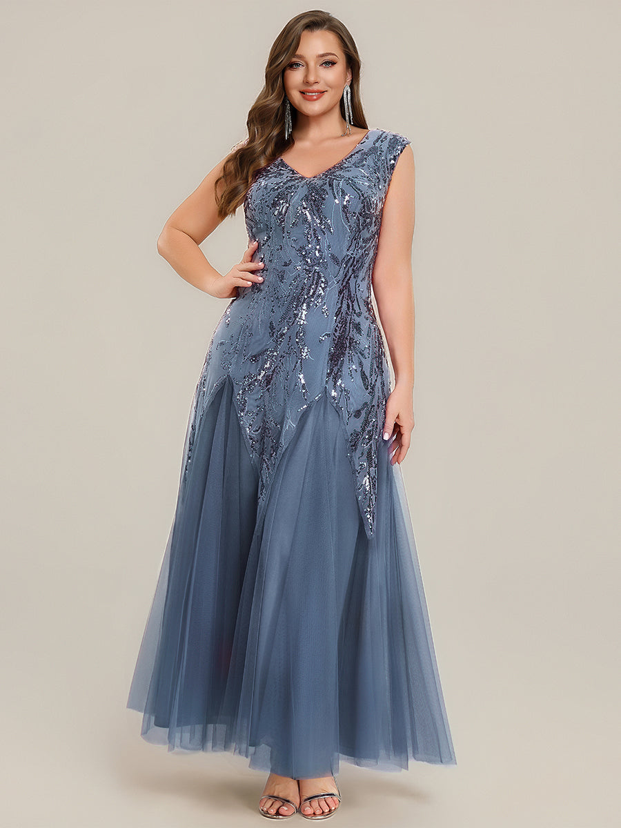 pretty FREYA|Plus Size V-Neck Sequin High Stretch Cap Sleeve Tulle Formal Dress