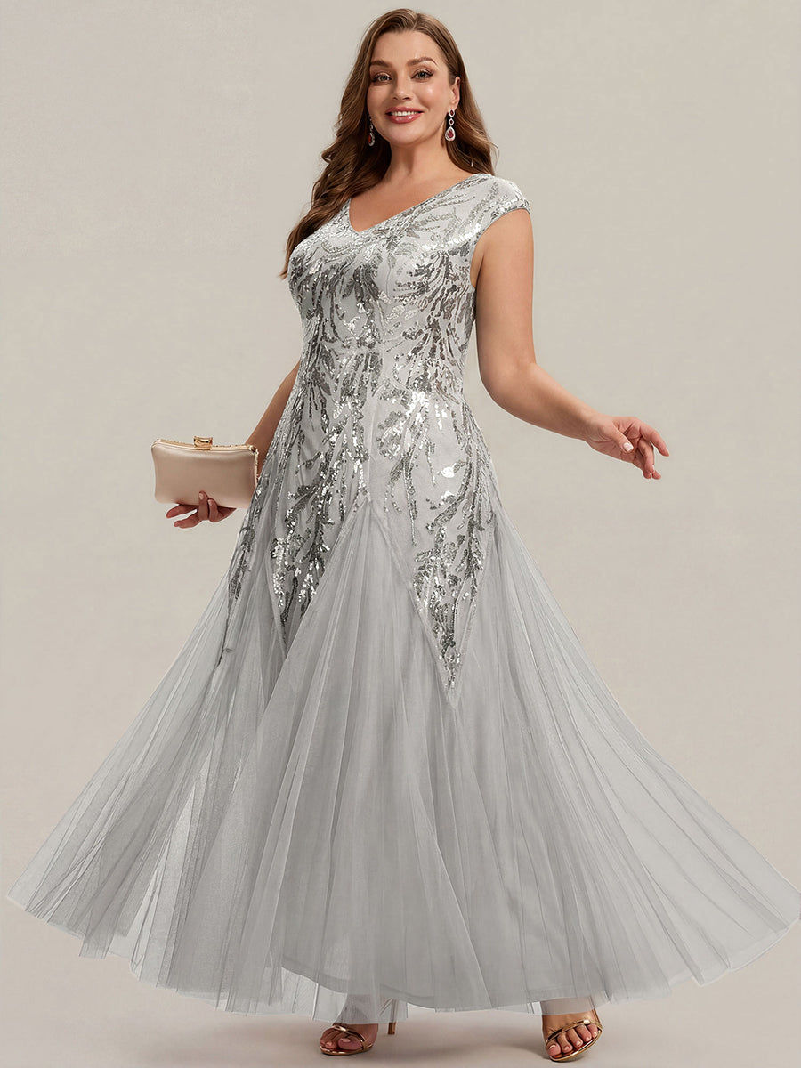 pretty FREYA|Plus Size Glitter High Stretch Cap Sleeve Tulle Mother of the Bride Dress