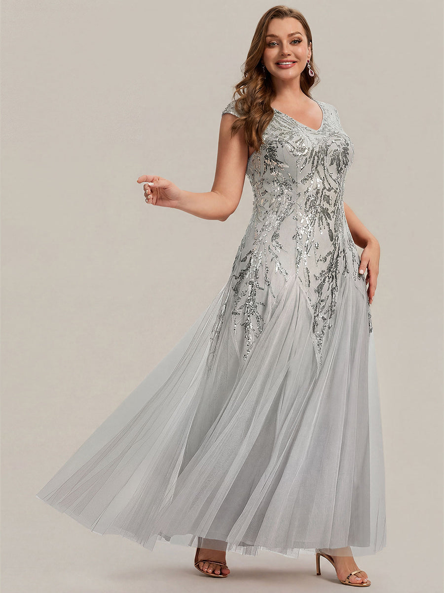 pretty FREYA|Plus Size Glitter High Stretch Cap Sleeve Tulle Mother of the Bride Dress