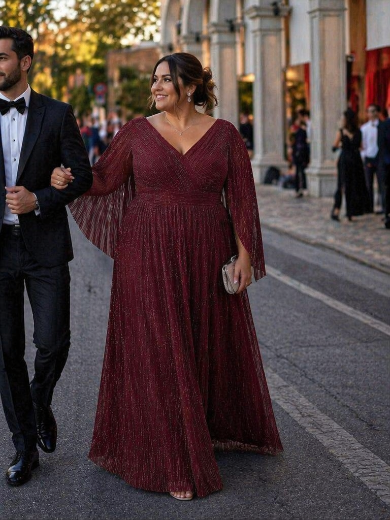 pretty ISLA | Plus Size Glittery Empire Waist Batwing Sleeve Evening Dress