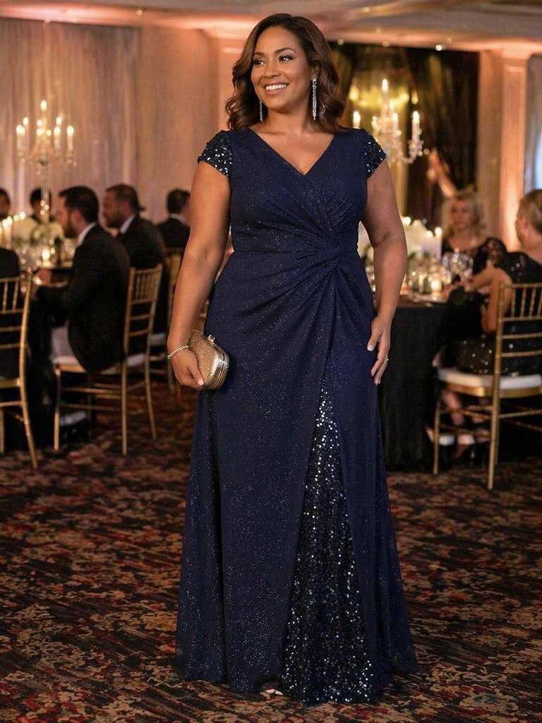 pretty KAIA|Plus Size Knotted Knit Cap Sleeve Maxi Glitter Evening Dress