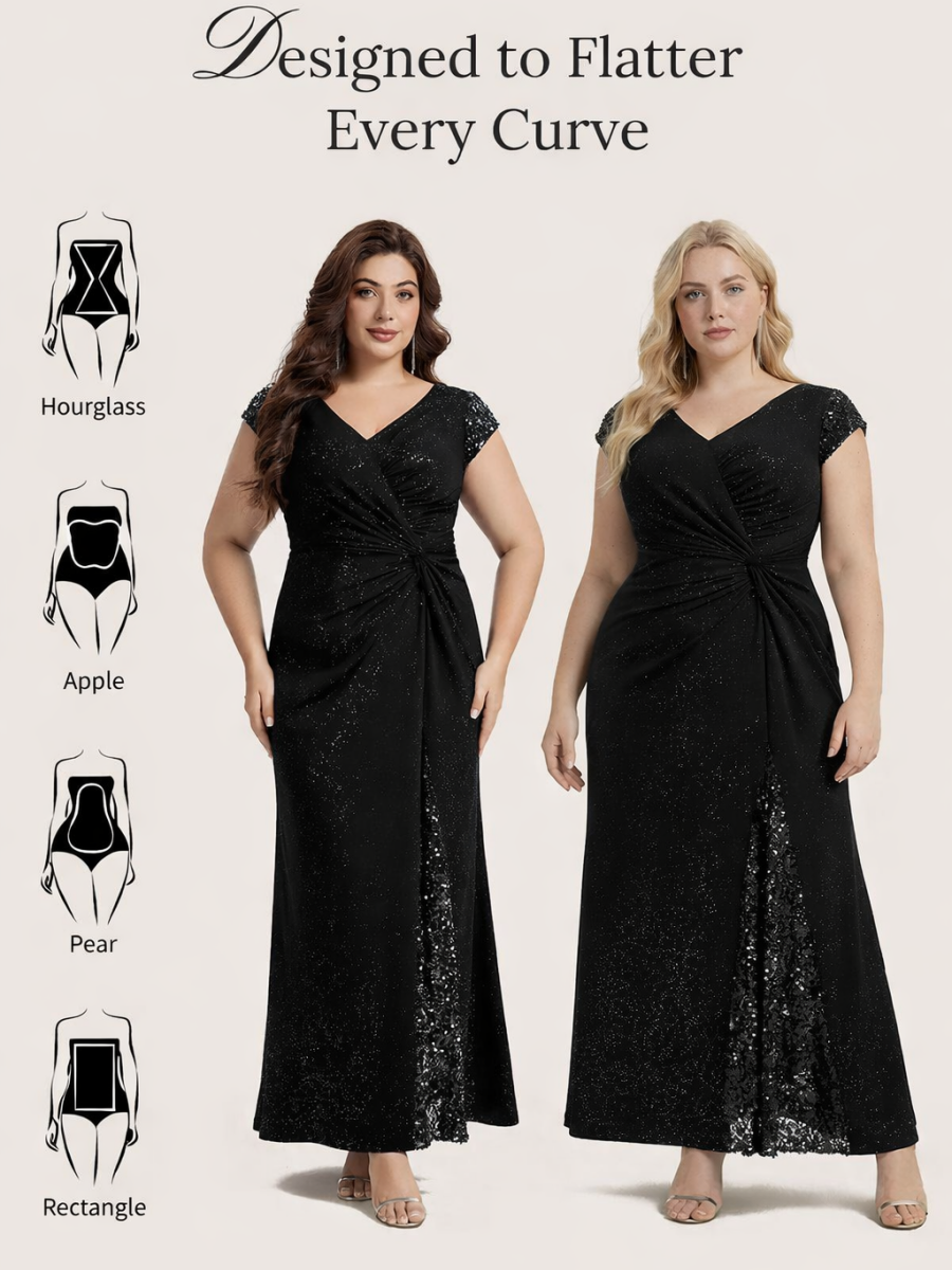 pretty KAIA|Plus Size Knotted Knit Cap Sleeve Maxi Glitter Evening Dress