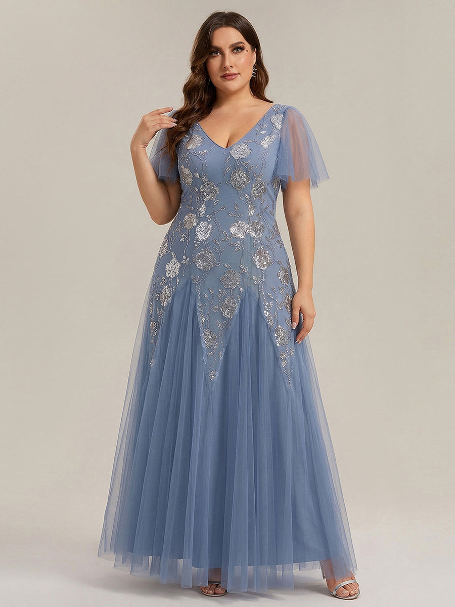 pretty ORLA|Plus Size Floral Embroidered Sequin Ruffle Sleeve Tulle Evening Dress