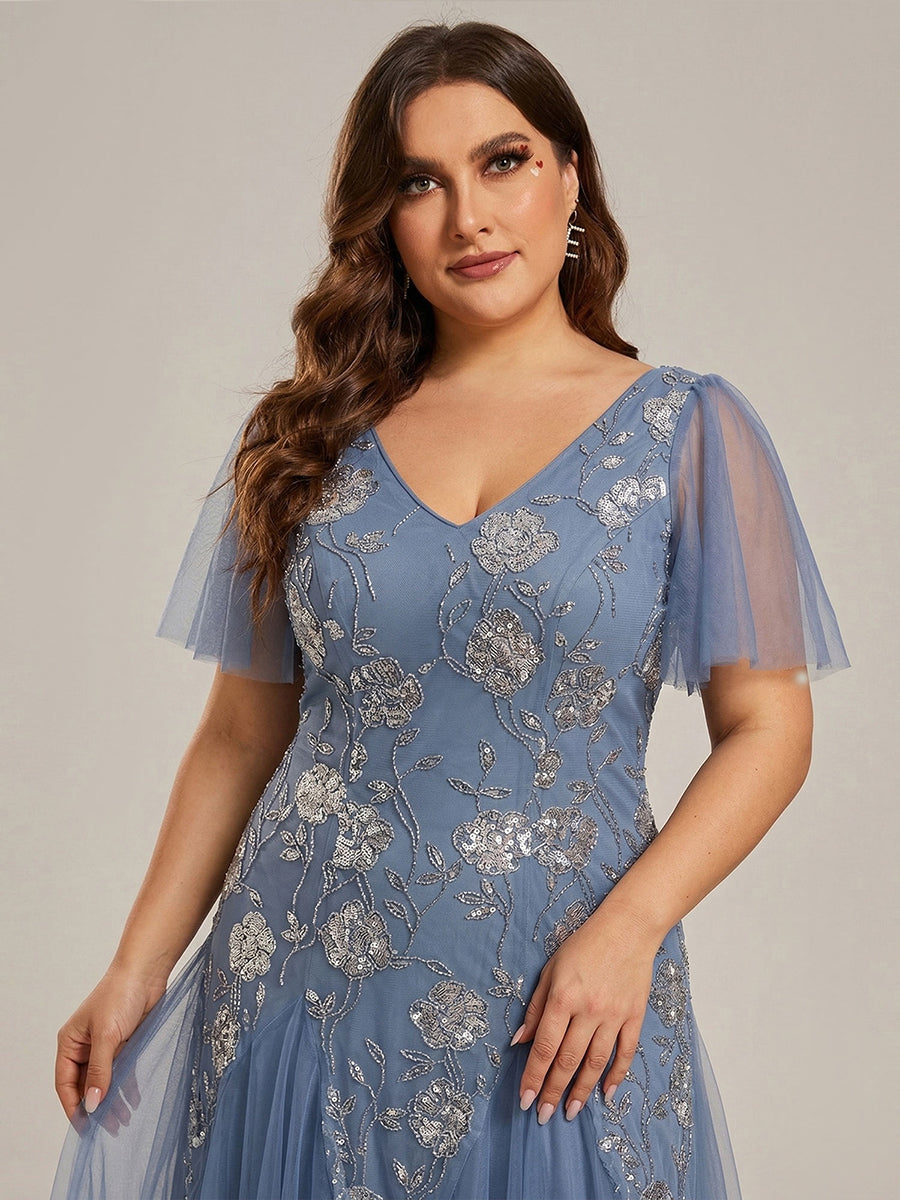 pretty ORLA|Plus Size Floral Embroidered Sequin Ruffle Sleeve Tulle Evening Dress