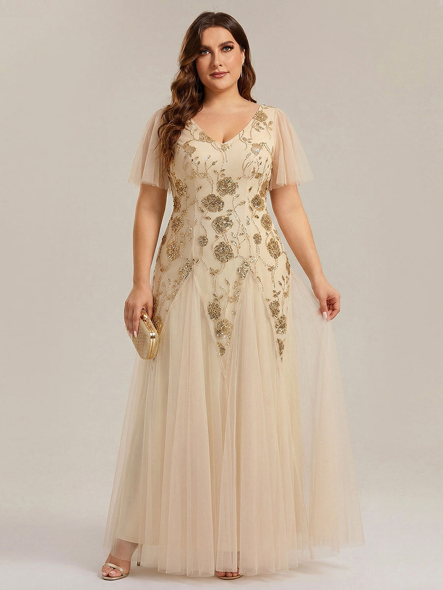 pretty ORLA|Plus Size Floral Embroidered Sequin Ruffle Sleeve Tulle Evening Dress