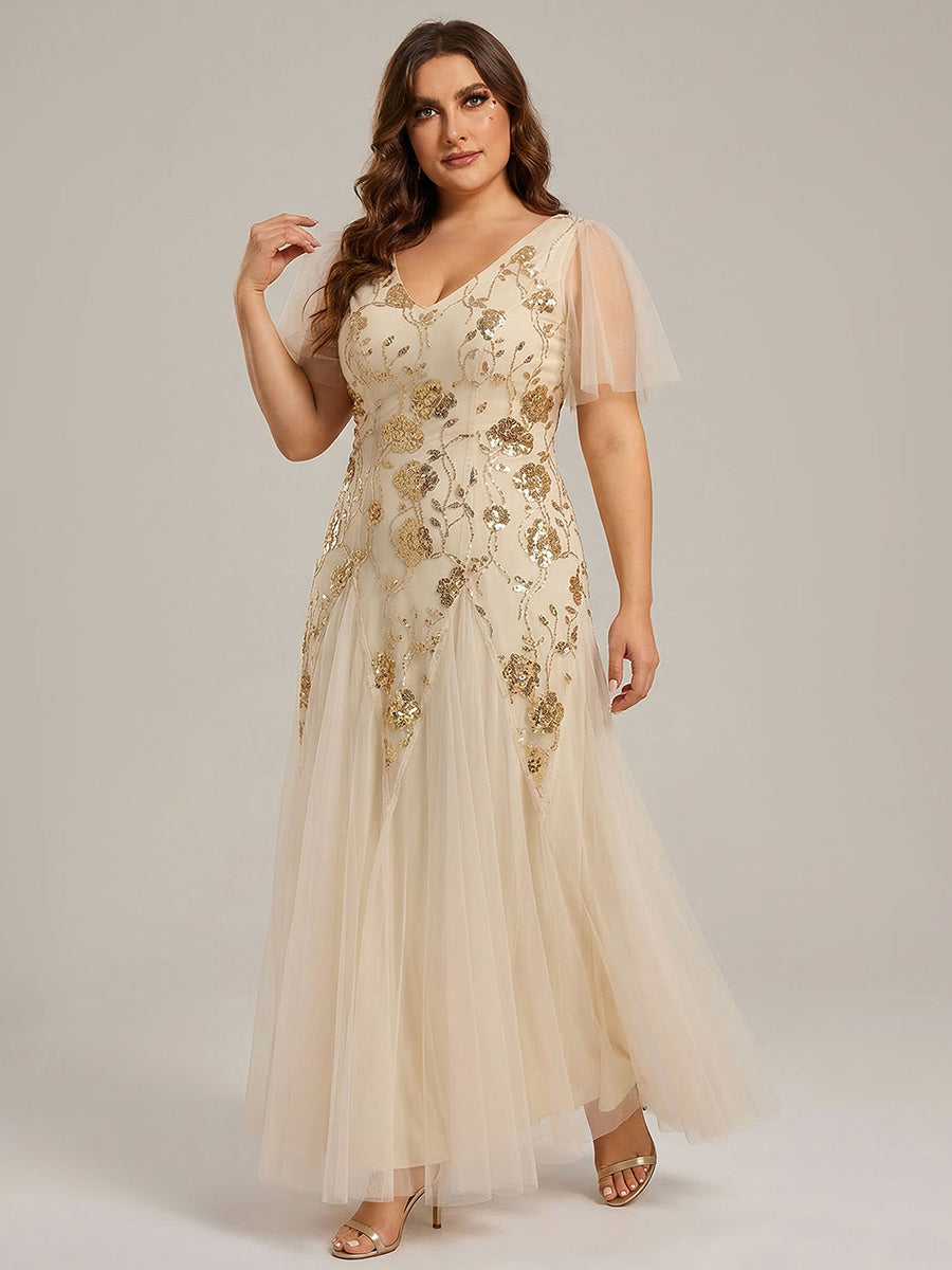pretty ORLA|Plus Size Floral Embroidered Sequin Ruffle Sleeve Tulle Evening Dress