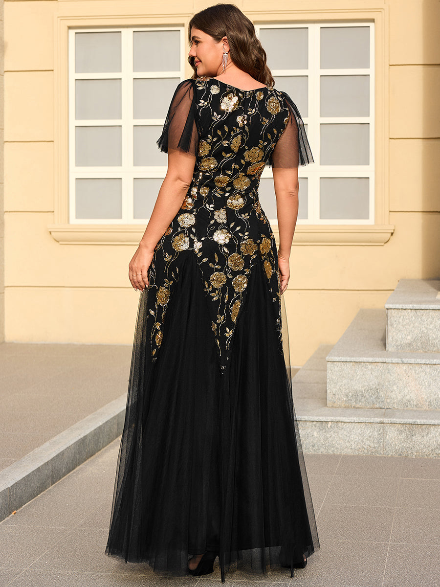 pretty ORLA|Plus Size Floral Embroidered Sequin Ruffle Sleeve Tulle Evening Dress