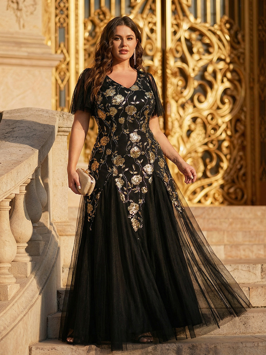 pretty ORLA|Plus Size Floral Embroidered Sequin Ruffle Sleeve Tulle Evening Dress