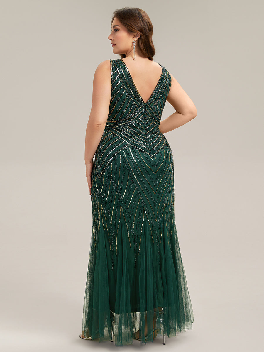 pretty GLAMOUR|Plus Size Deep V-Neck Bead Embroidery Evening Dress