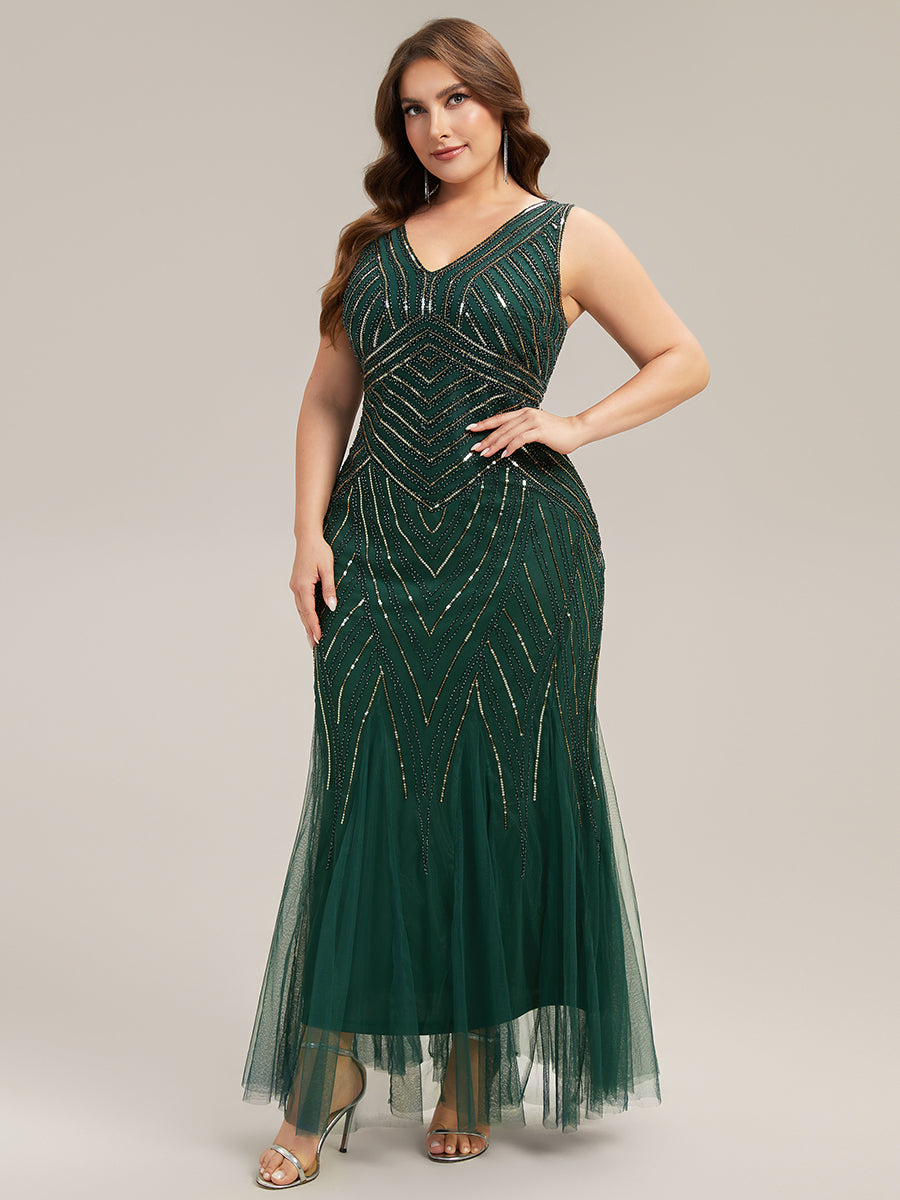 pretty GLAMOUR|Plus Size Deep V-Neck Bead Embroidery Evening Dress