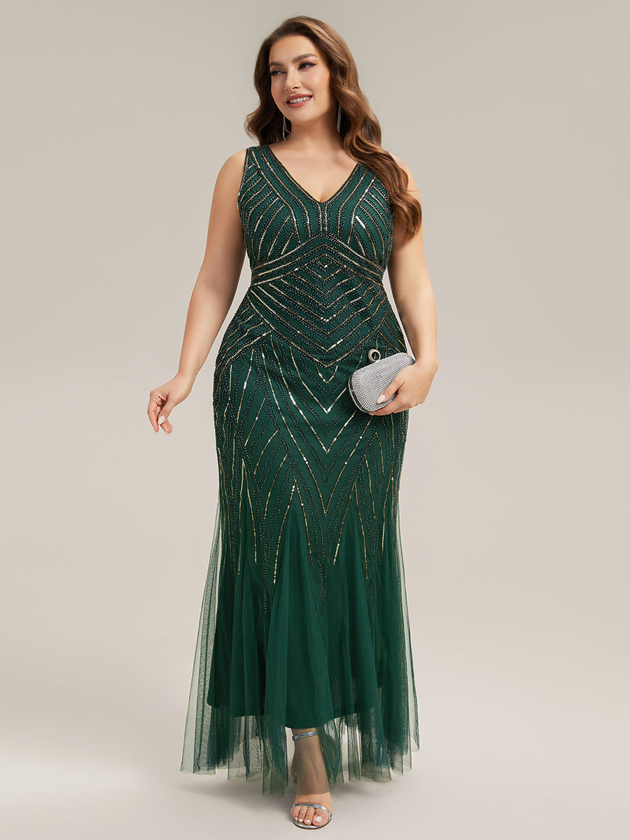 pretty GLAMOUR|Plus Size Deep V-Neck Bead Embroidery Evening Dress