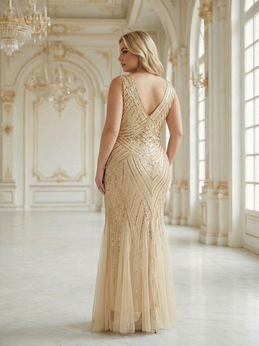 pretty GLAMOUR|Plus Size Deep V-Neck Bead Embroidery Evening Dress