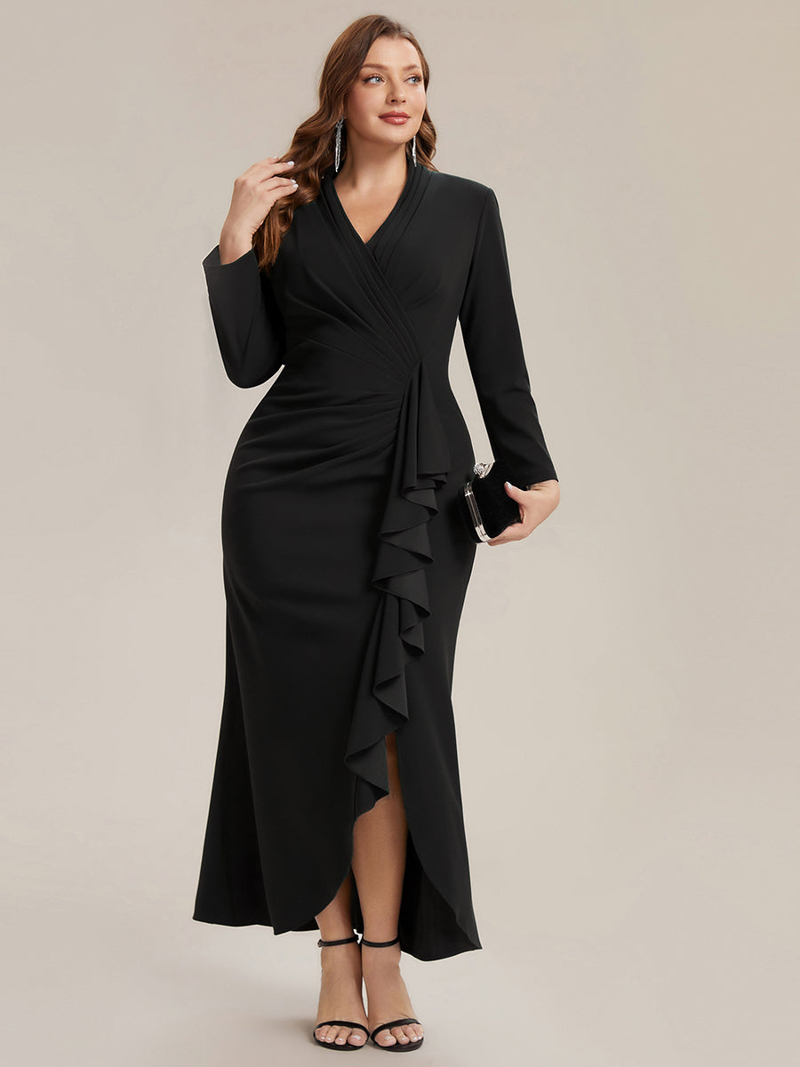 Plus Size Long Sleeve Slit Crepe Evening Dress