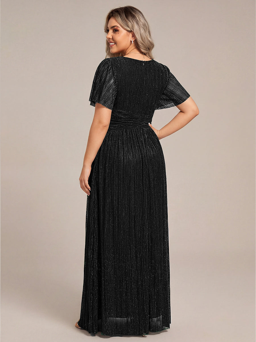 pretty DAPHNE|Plus Size V-Neck Glittery Short Sleeves Formal Evening Dress with Empire Waist