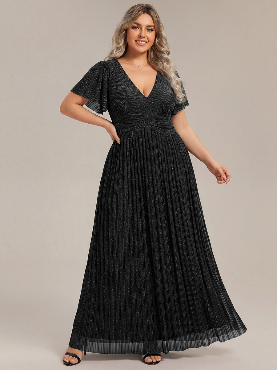 pretty DAPHNE|Plus Size V-Neck Glittery Short Sleeves Formal Evening Dress with Empire Waist