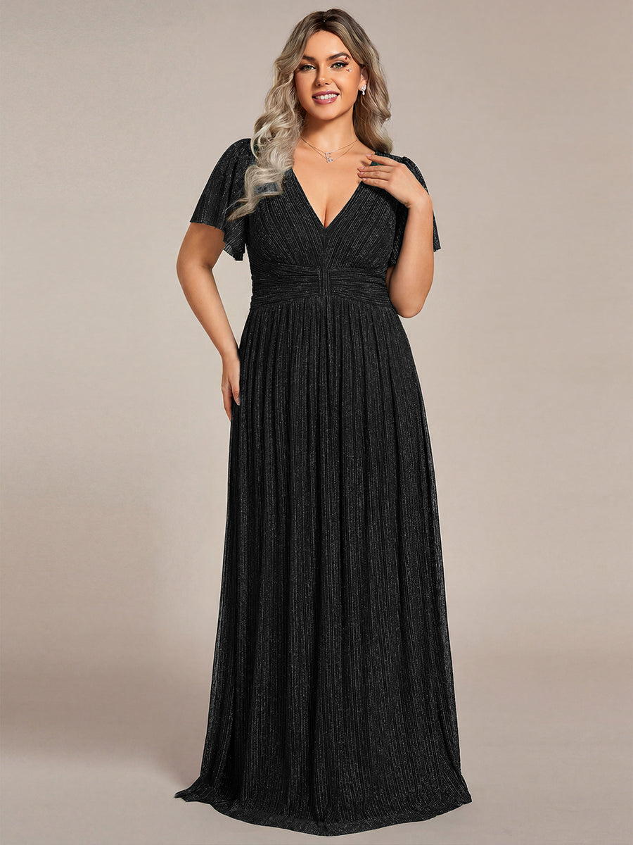 pretty DAPHNE|Plus Size V-Neck Glittery Short Sleeves Formal Evening Dress with Empire Waist